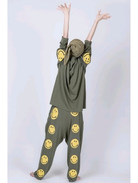 Kapital Pants - Kapital Olive Green Lounge Pants with Yellow Smiley Faces Made In Japan